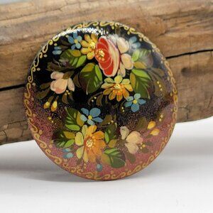 Vintage Hand-Painted Russian Pin Black Lacquer Floral Brooch Gold Accents 2"